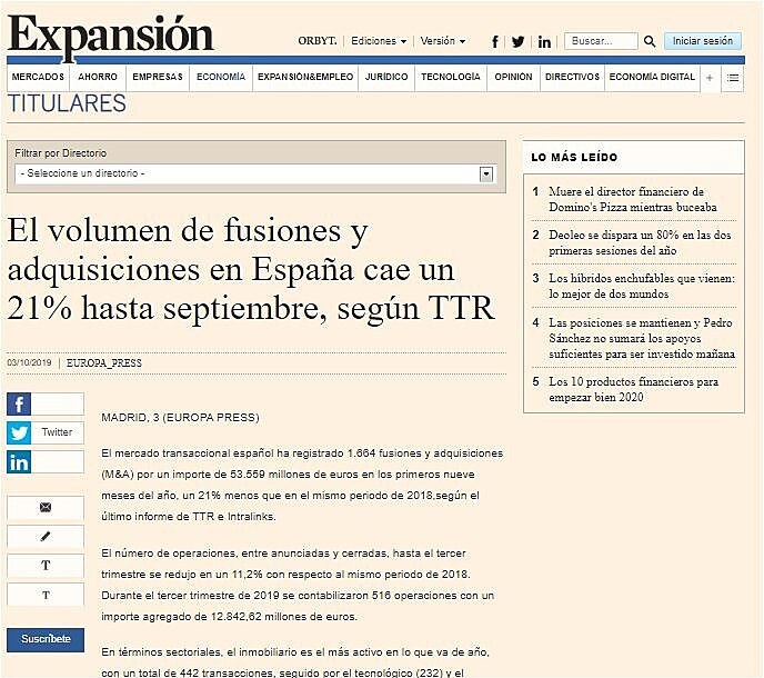 El volumen de fusiones y adquisiciones en Espaa cae un 21% hasta septiembre, segn TTR